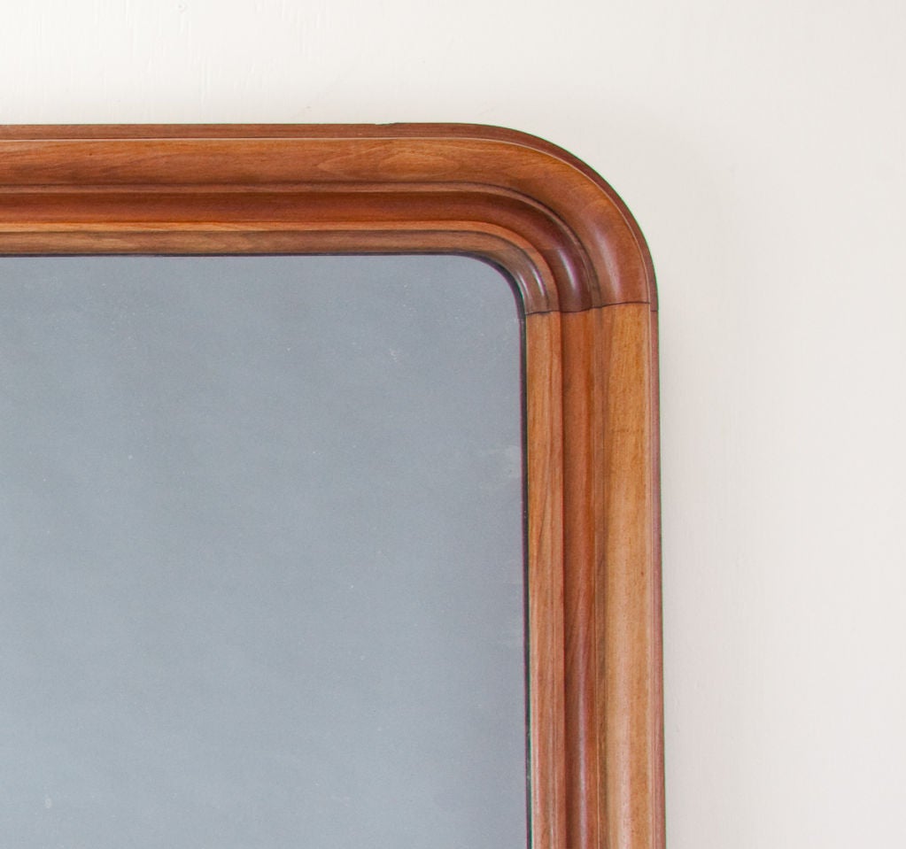 A French Louis Philippe Period Antique Mirror featuring a double edged solid walnut frame that was purchased in Lyon, France.