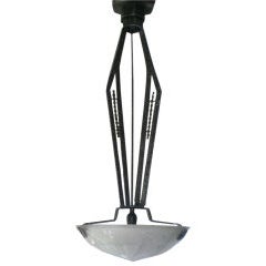 French Art Deco Wrought Iron And Glass Pendant Or Chandelier 7