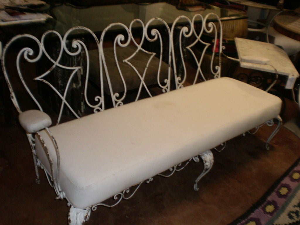Stylish French Wrought Iron Garden Banquette/Canape With Newly Upholstered Seat and Armrests.