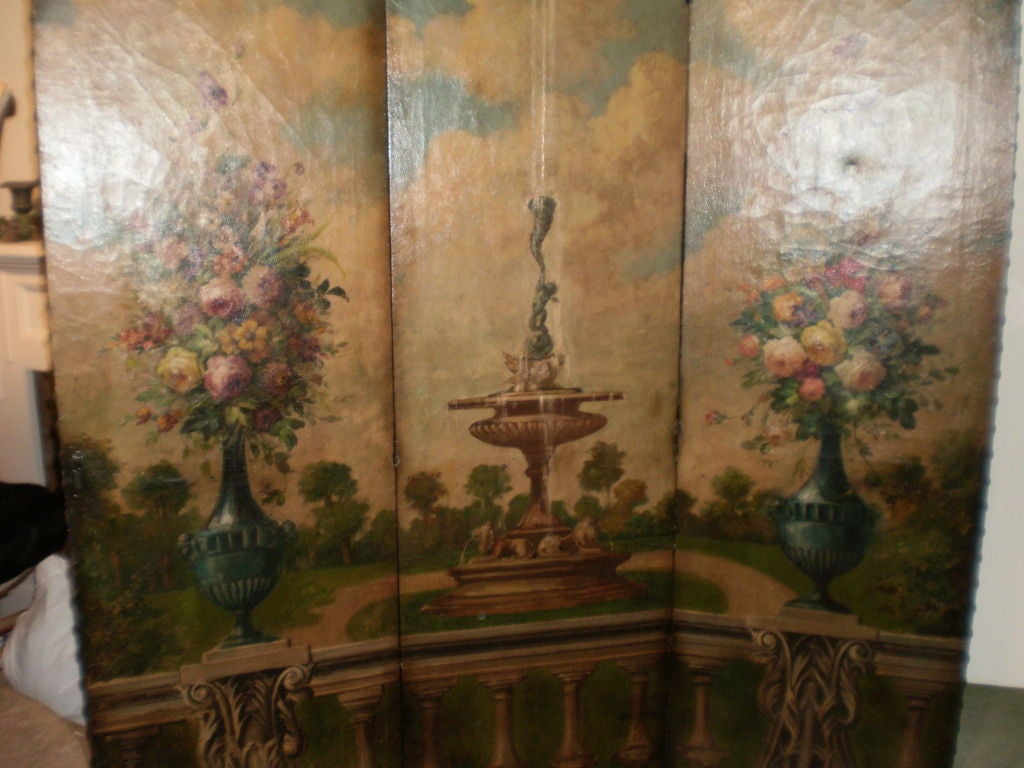 GORGEOUS ITALIAN HAND PAINTED THREE PANEL LEATHER SCREEN/ROOM DIVIDER WITH BRASS TACK TRIM (WOULD MAKE GREAT HEADBOARD)