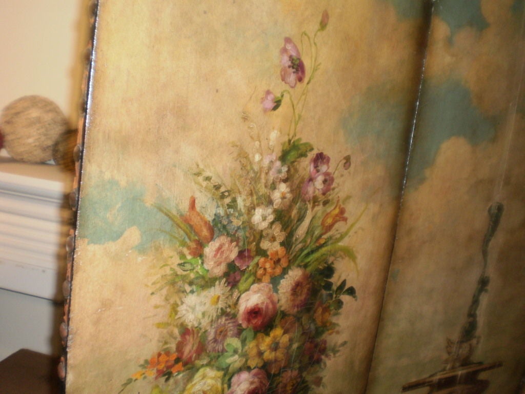 HAND PAINTED ITALIAN LEATHER SCREEN In Good Condition In Houston, TX