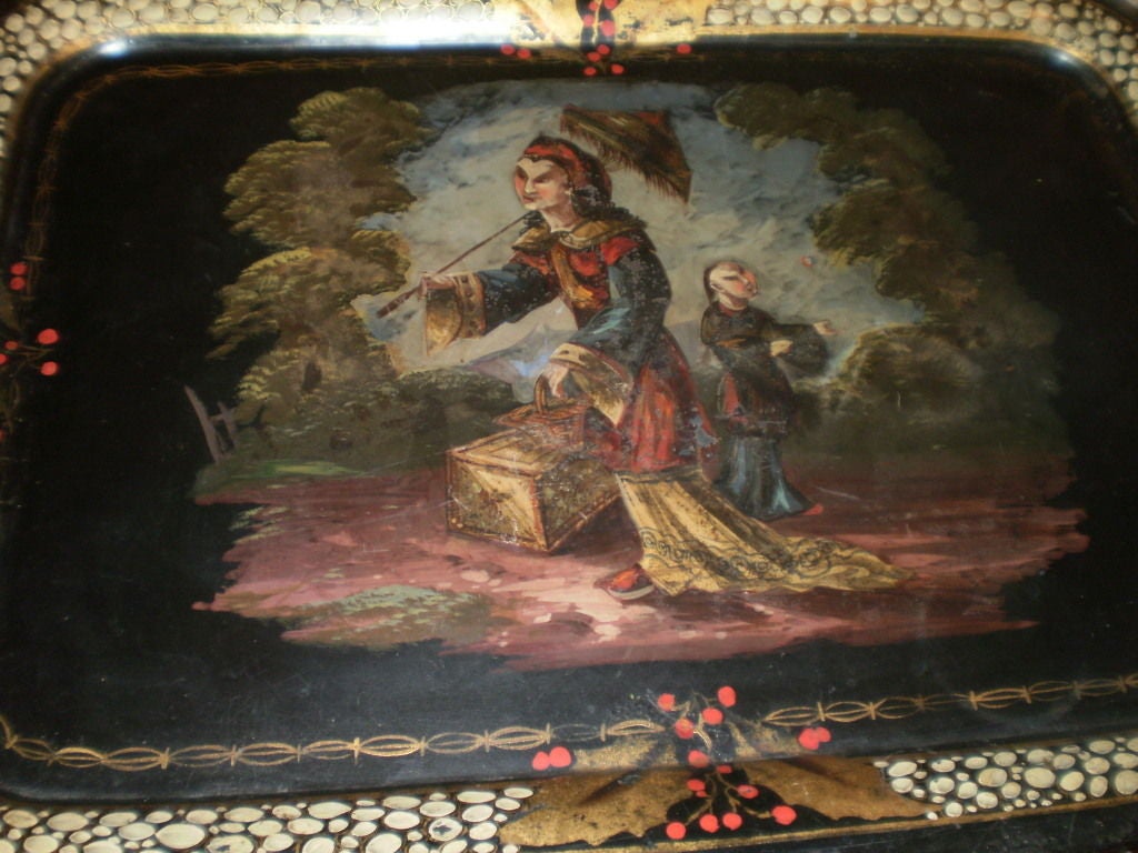 French 19th Century/Napoleon III hand decorated rectangular Chinoiserie tole tray.

 