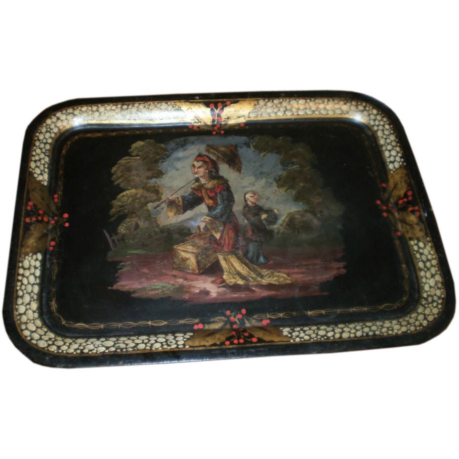 Large Antique French Chinioserie Tole Tray 