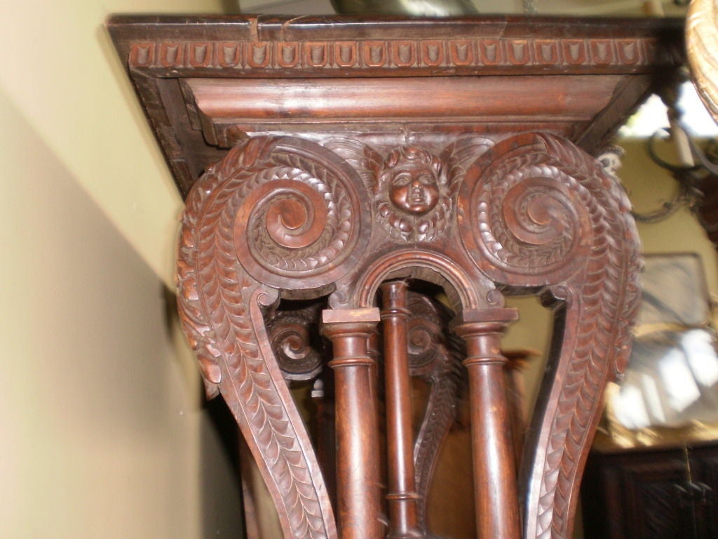 Antique Northern Italian walnut table.
Handsome 19th century Italian walnut table with beautiful carving. This versatile Italian table is from the Tuscany region and could be used as a console table, center table, side table, end table or bedside