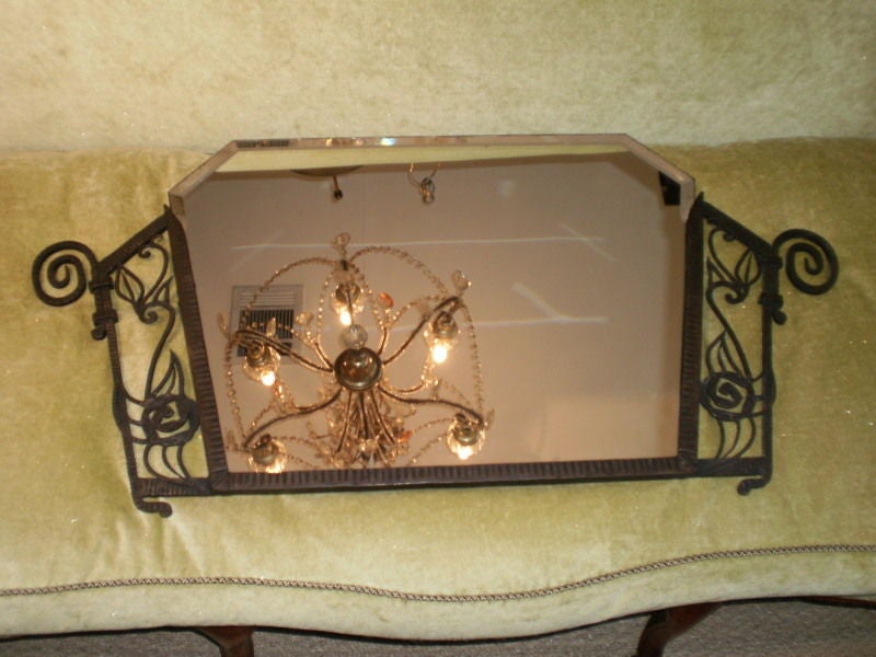 Glass Period French Art Deco Wrought Iron Beveled Mirror For Sale