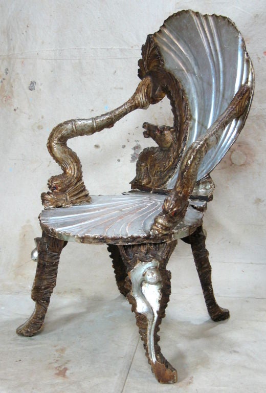 Carved wood Grotto Chair with silver leafed Scallop Shell seat and back with Seahorse and Sea monster arms and legs
