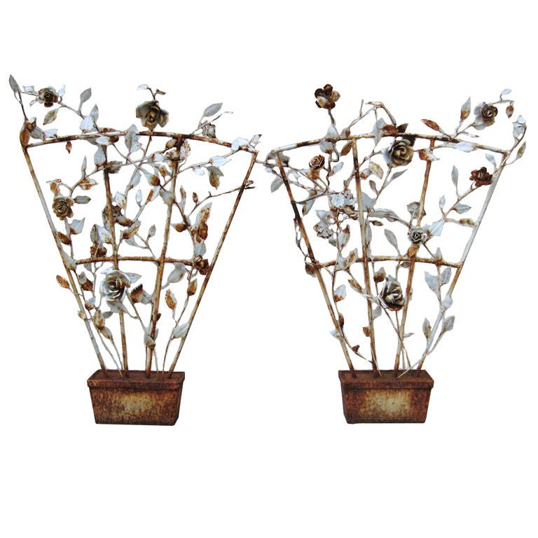 Pair Tole Rose On  A Trellis For Sale