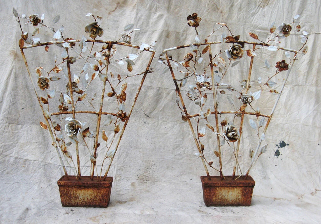 Pair of old white painted lifesize all metal climbing Rose on a Trellis sculpture