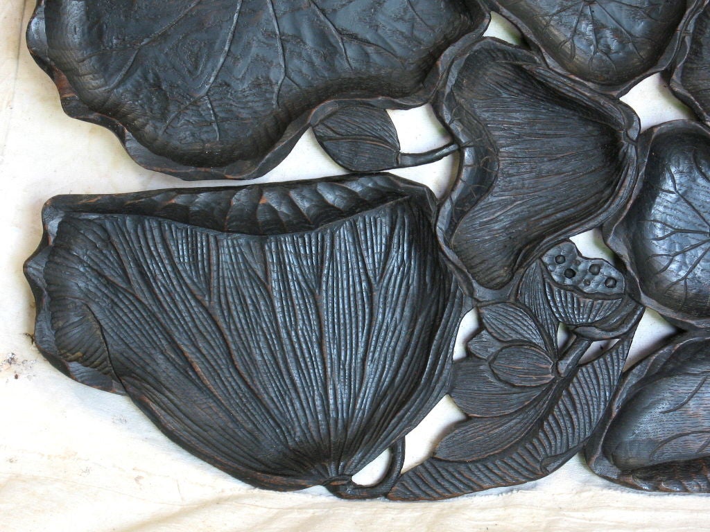 Carved and dark stained Elm Lotus tray used in tea ceremony now mounted to hang this is a large and very elaborately carved tray