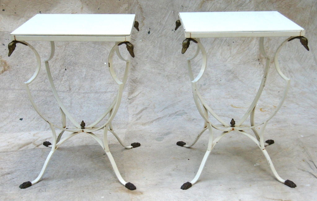 Pair white painted Regency style end tables with original white glass tops and Swan heads and Lion paw feet