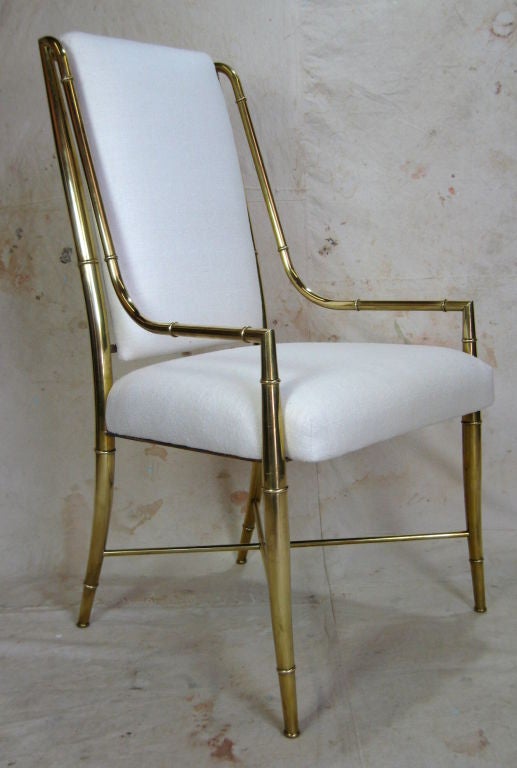 Set of four brass Faux Bamboo chairs by Mastercraft with Raw Silk Upholstery