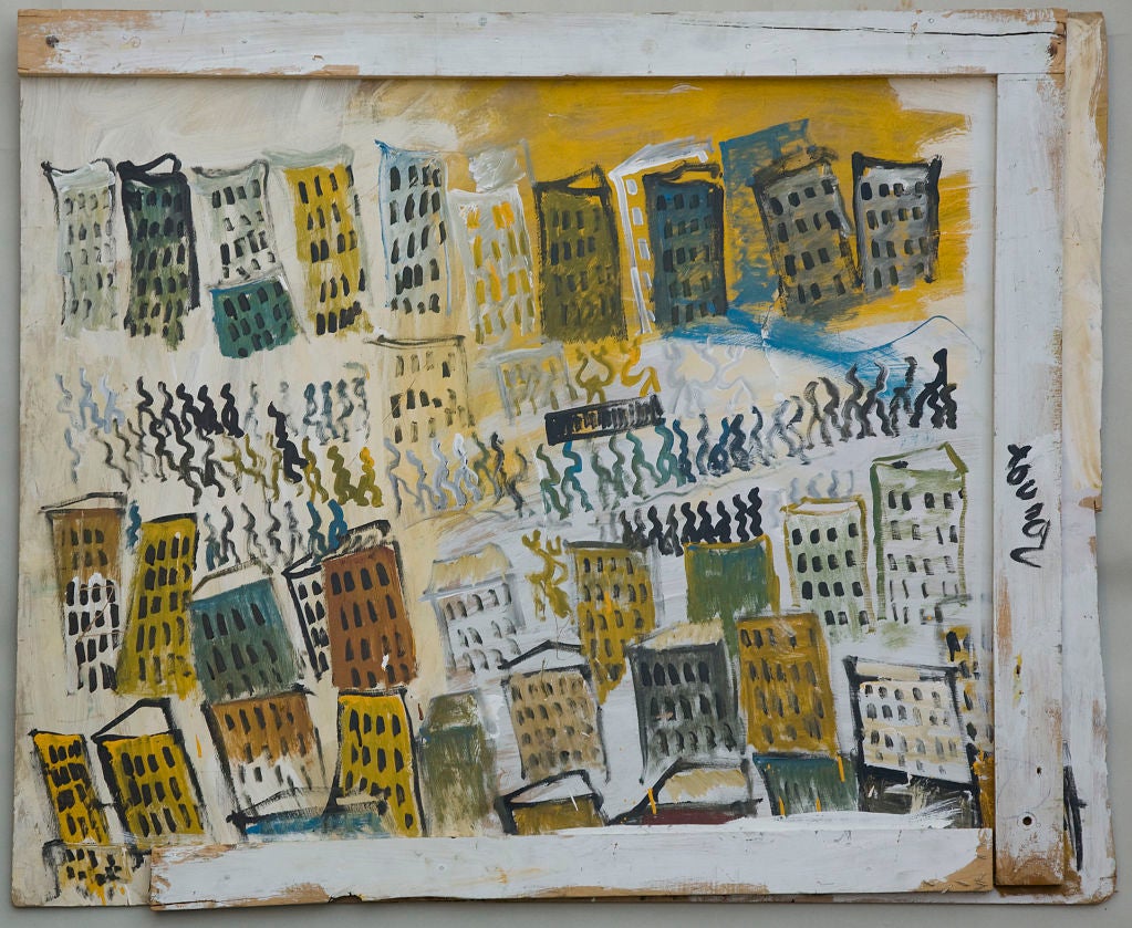 Purvis Young (1943-2010)<br />
City Scape<br />
Oil on found wooden boards.<br />
Signed