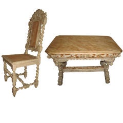 Antique Italian Carved And Painted Desk And Chair