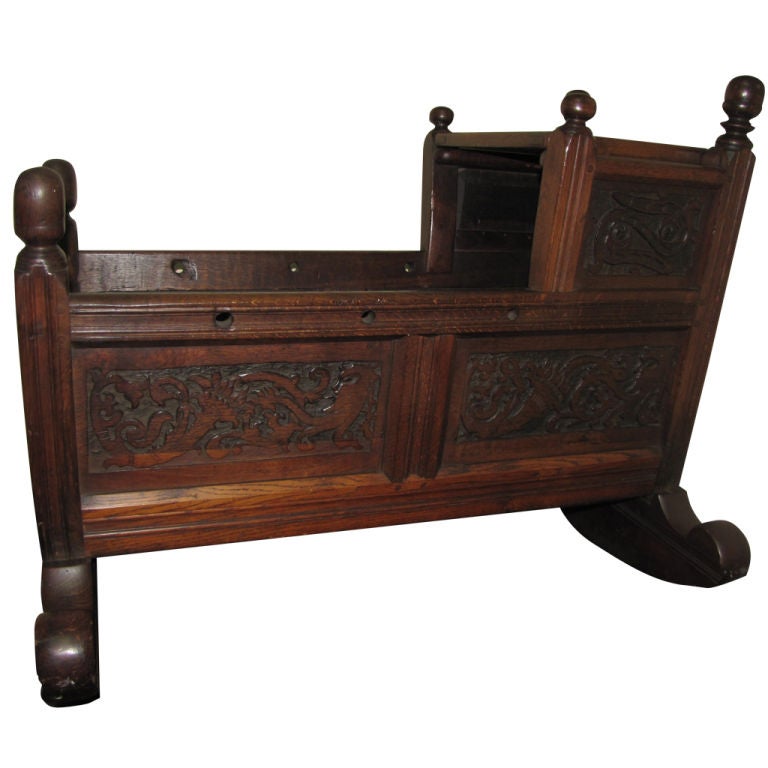 17th Century Jacobean Carved Wood Cradle For Sale