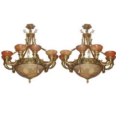 Large Pair of Bronze and Alabaster  Chandeliers