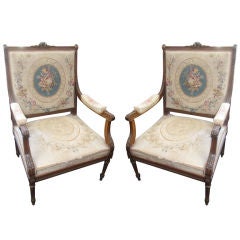 A Fine Pair of 19th c. Louis XVI Tapestry Upholstered Fauteuils (F520)