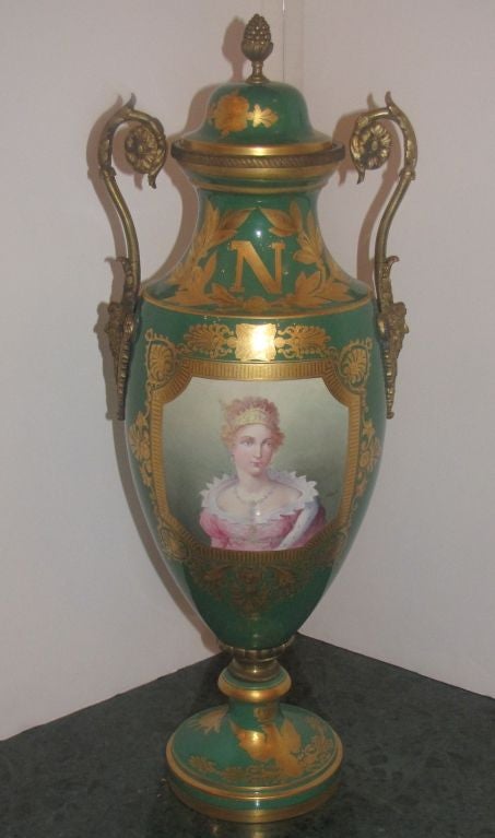 Sevres bronze-mounted porcelain portrait vase and cover; the ovoid-form porcelain body with gilt decorated Napoleonic 'N' and Wreath and centering a cartouche with a hand-painted portrait of Caroline Bonaparte by Sevres artist A. Maglin, on a