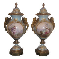 Pair of Signed Sevres Porcelain & Bronze Mounted Urns