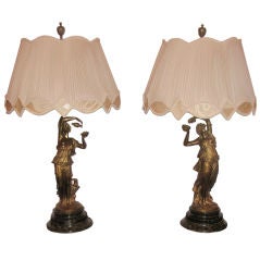 Pair Signed Bronze Lamps