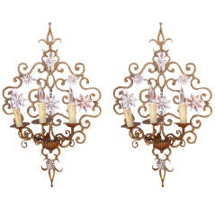 Vintage Pair of French Crystal and Iron 3-Arm Sconces