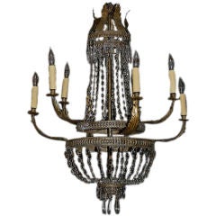 Antique 2 Tier 6 Arm French Brass & Crystal Empire Chandelier