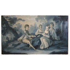 18th C. French Blue Painting With Children/Cards