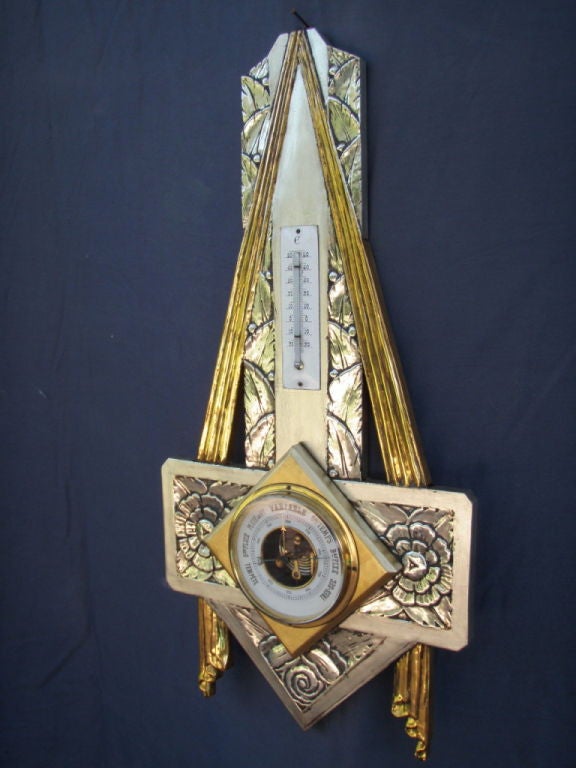 Excellent Art Deco Silver & Gold gilded (professionally restored) Barometer and Thermometer. French 1925-1930's era, spectacular piece. Overall in excellent shape, newly restored and all functions appear to work! The details of the wood carving with