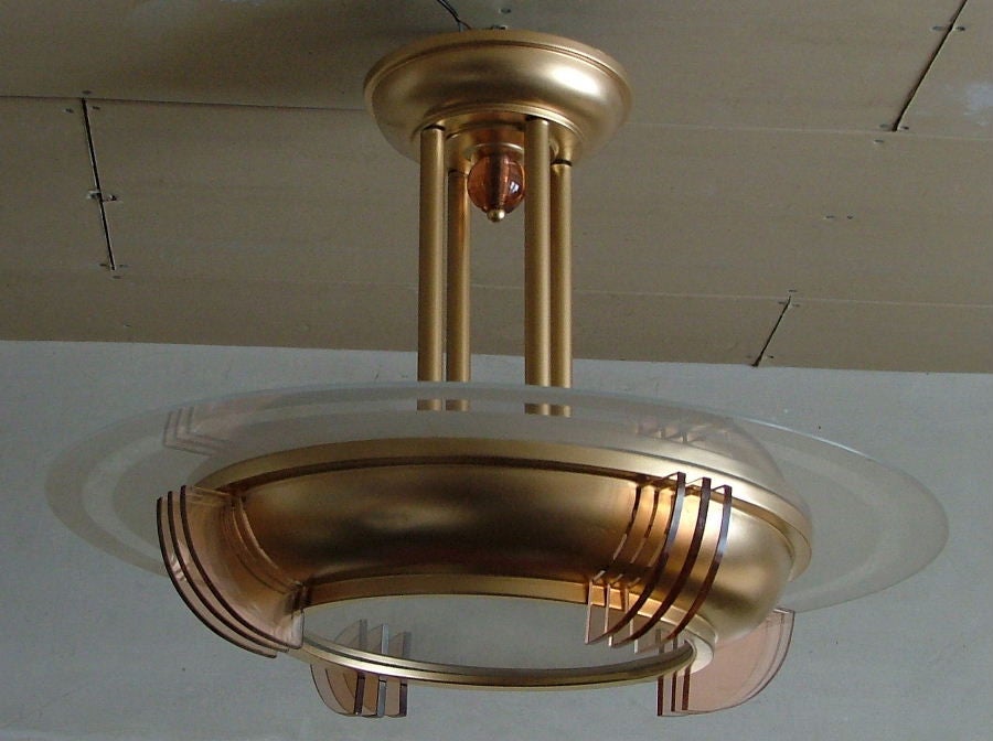 Unique 1930's French Art Deco Peach Glass Streamline Design