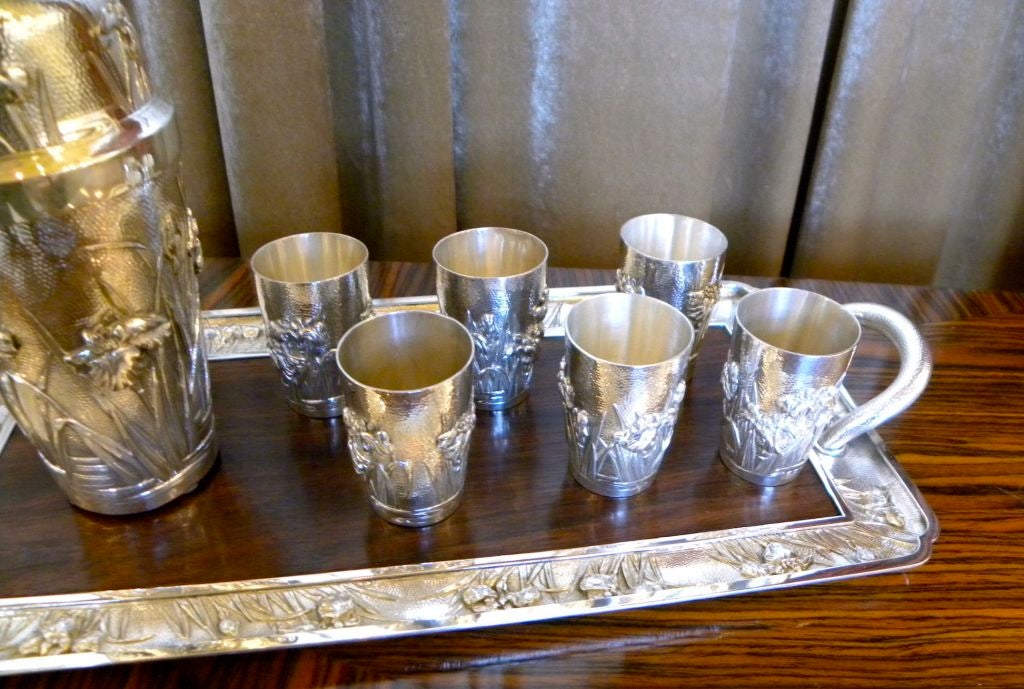 Japanese Exception rare Sterling Art Deco Cocktail Shaker, Tray, glasses