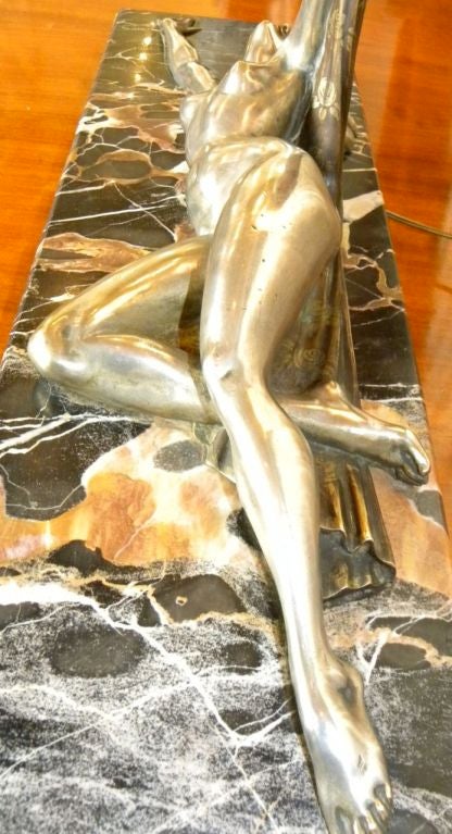 Rare Nickeled Bronze Female Art Deco lamp,   Sculptor H. Molins 1