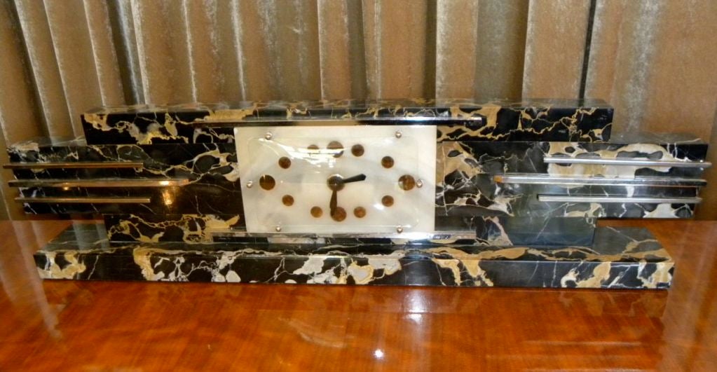 Outstanding Modernist Art Deco Clock Garniture in Portoro Black Marble