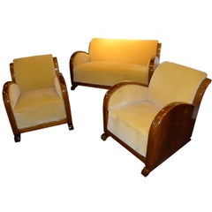 Original restored French Art Deco sofa suite, settee with wood