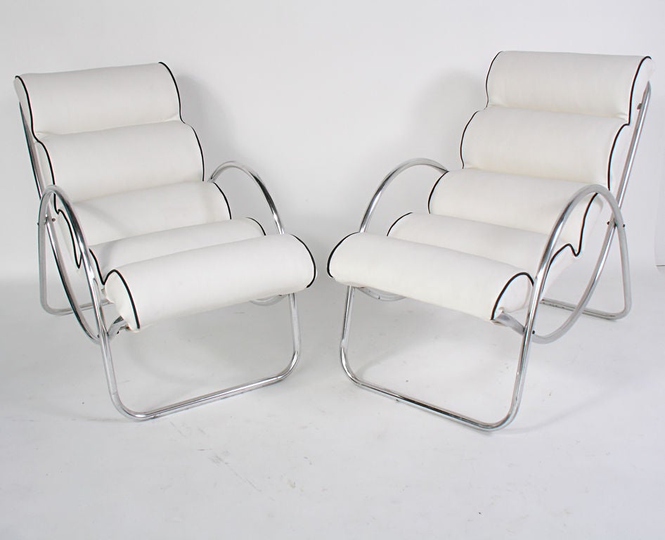 Streamlined Lounge Chairs, made by the famed Halliburton Company, circa 1930's. Before Halliburton went on to make their classic aluminum luggage, they made furniture as well. Richard Neutra used similar examples in some of his earliest modernist