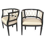 Elegant Lattice Back Tub Chairs in Ebony and Ivory Lacquer