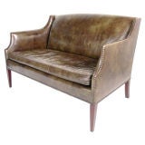 Perfectly Patinated Leather Settee with Brass Nailhead Trim