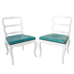 Pair of White Lacquer Slipper Chairs -Original Turquoise Leather