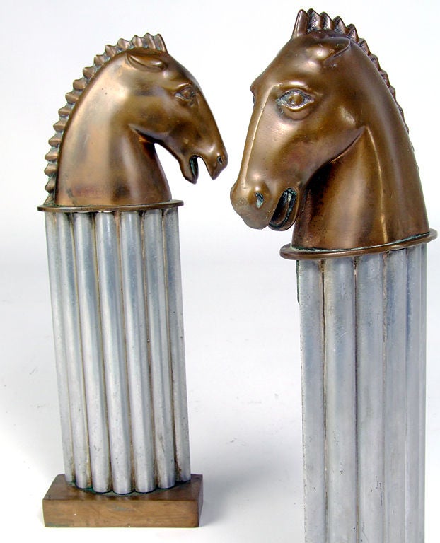 Mid-Century Modern Stylized Horse Andirons and Brass Horse Fire Tools