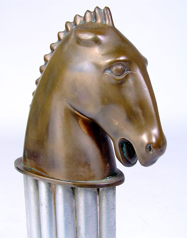 American Stylized Horse Andirons and Brass Horse Fire Tools