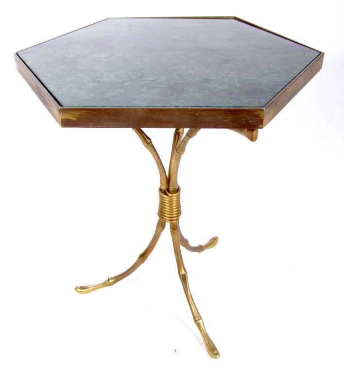 Brass Bamboo Form Side Table With Inset Marble Top