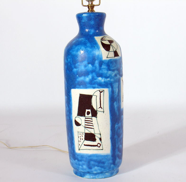 Guido Gambone Lamp with Abstract Hand Painted Decoration