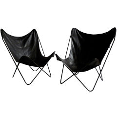 PAIR "HARDOY" BUTTERFLY CHAIRS WITH ORIGINAL BLACK LEATHER