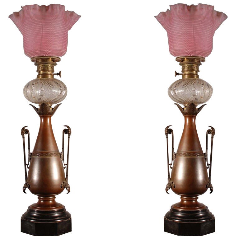Pair of Kerosene Bronze Lamps For Sale