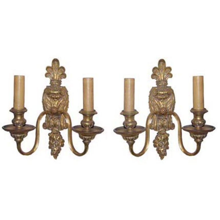 Pair of Brass Sconces with Prince of Wales Feather Detail