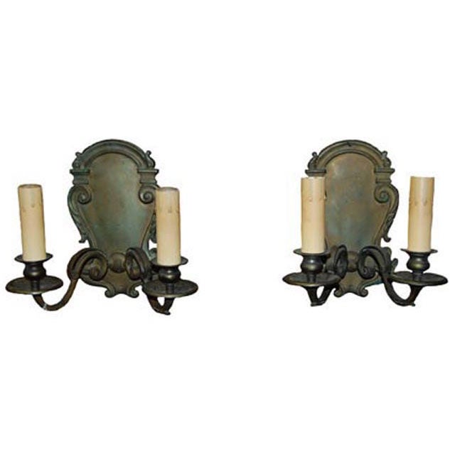 Pair of 2 Arm Sconces with Cast Shield Backplate For Sale