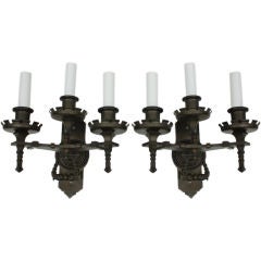 Antique Pair of 3 Arm Gothic Blackened Bronze Sconces