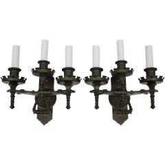 Pair of 3 Arm Gothic Blackened Bronze Sconces