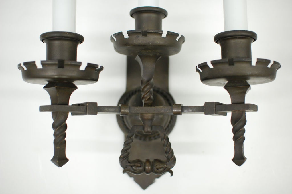 Pair of 3 Arm Gothic Blackened Bronze Sconces