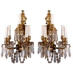 Pair of 3 Tier French Crystal and Bronze Sconces