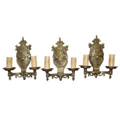 Set of 3 Cast Brass Renaissance Revival Sconces