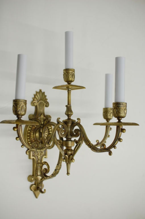 Pair of 4 Arm All Cast Sconces With Square Bobeches